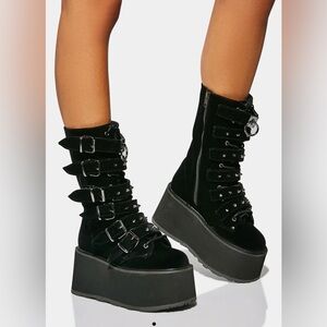 DEMONIA Damned 225 Goth Punk Rock 3.5" Platform Calf Boots Black Velvet Sz 7